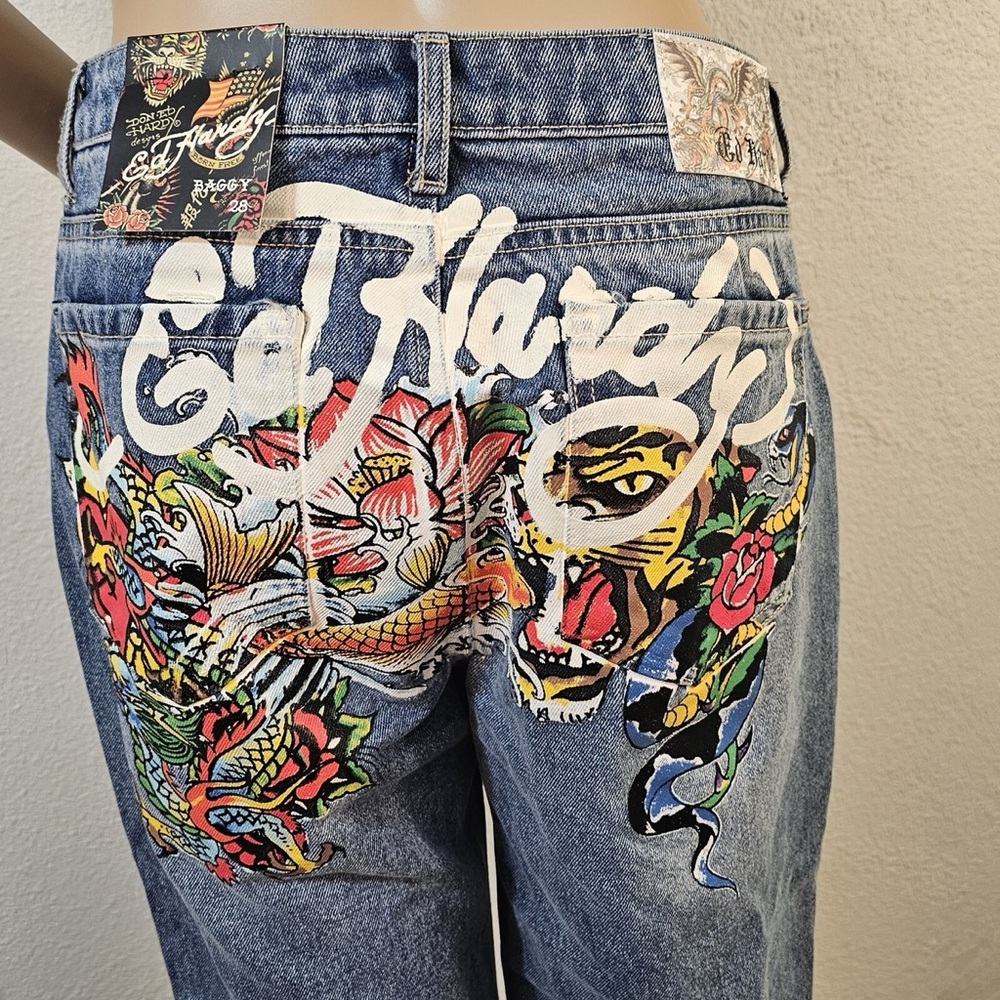 Ed Hardy Women's Blue Jeans with Vibrant Graphic Art Baggy Size 32